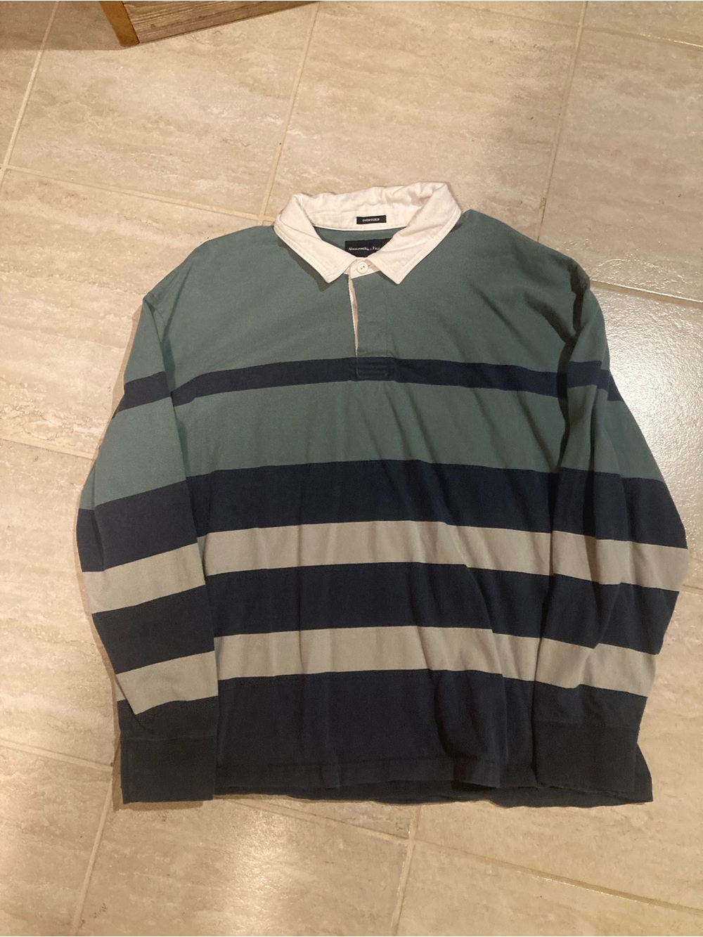 Abercrombie Men's Striped Rugby Shirt - Green, Navy & Gray XL